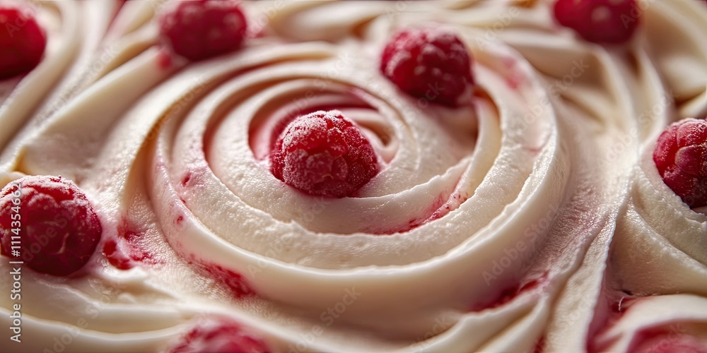 Poster a detailed view of a raspberry swirl dessert. the dessert features a beautiful swirl design made wit
