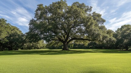 Fototapeta premium Large, impressive tree with vibrant green grass surrounding it, creating a serene natural landscape. The internal evergreen tree adds depth to the scene with ample photo space.