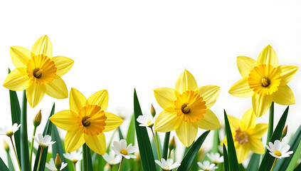Obraz premium Daffodils and gypsophila create a picturesque scene perfect for celebrating spring with vibrant colors amidst a simple isolated backdrop._00001_