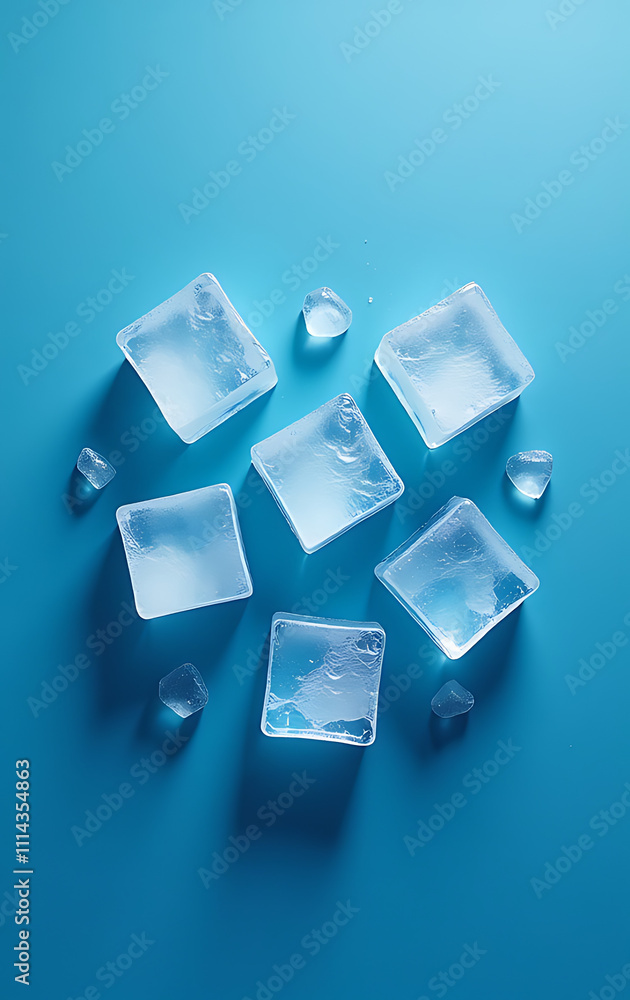 Aufkleber cubes of ice sit atop a blue surface, surrounded by empty space, with a few isolated droplets visibl