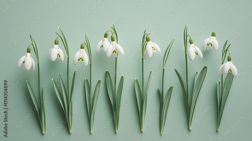 Poster elegant snowdrop flowers arranged on a solid color background create a beautifully serene scene. thi