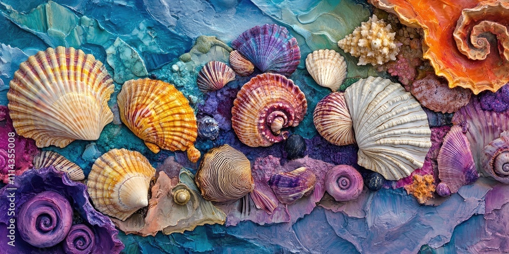 Poster a lively backdrop featuring shells with distinct textures and vivid colors creates an engaging scene