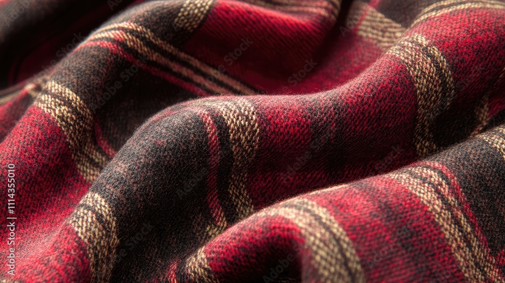 Poster close-up of red tartan print fabric, highlighting the intricate patterns and textures. ideal for des