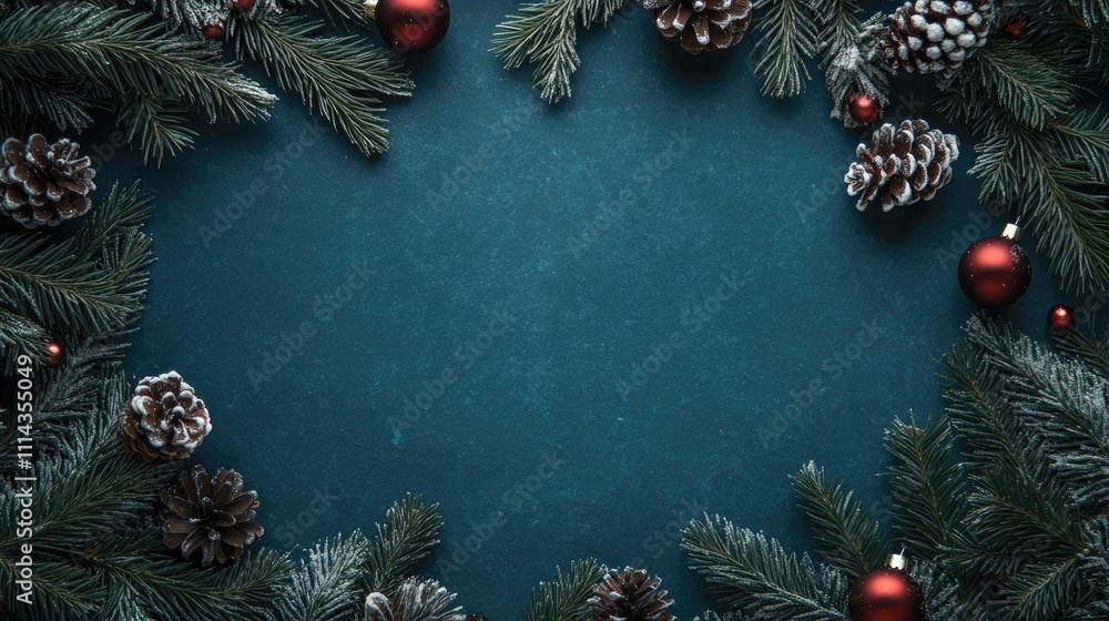 Poster simple christmas background created with fir branches and decorations. this top view layout provides