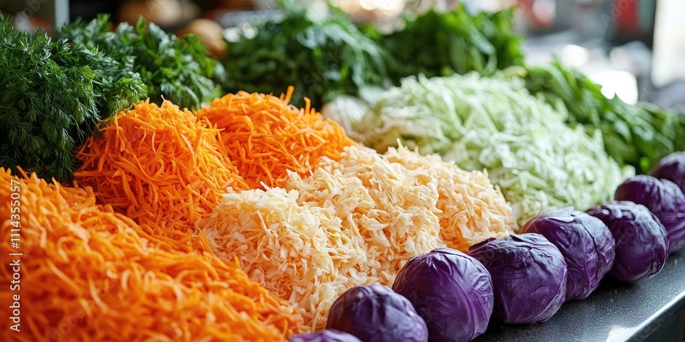 Aufkleber shredded carrots and cabbage, along with a creative food display, create an appealing background, of