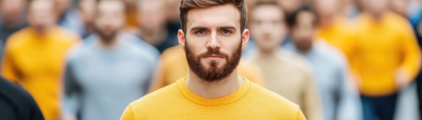 Fototapeta premium Confident Young Man in Yellow Sweater Standing Out in a Crowd of Blurred People Wearing Casual Attire, Symbolizing Individuality and Strength in Unity