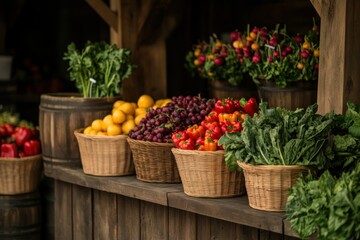 Fresh Produce Displayed In Wooden Baskets At A Farmers Market