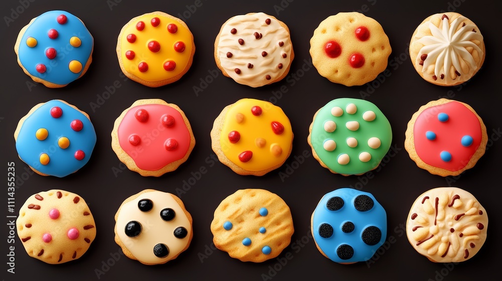 Poster row of colorful cookies with different toppings. the cookies are arranged in a line and are of vario