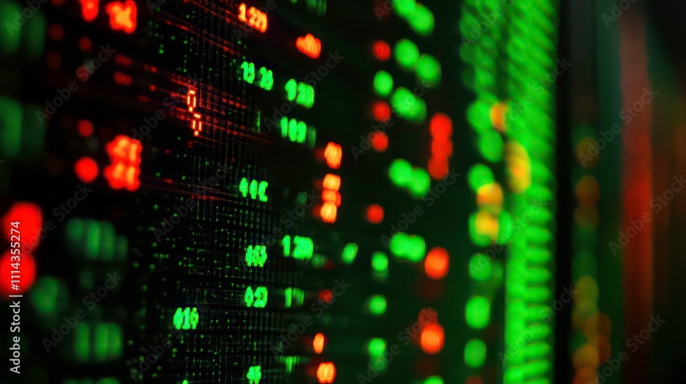 Poster close-up of a stock ticker showing fluctuating numbers in red and green.