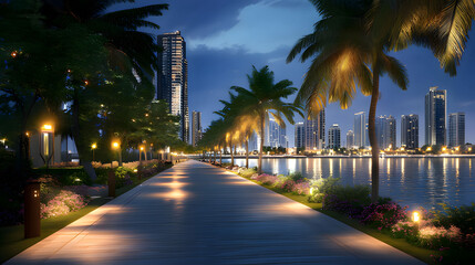 a cityscape with palm trees and a cityscape in the background. Generative AI