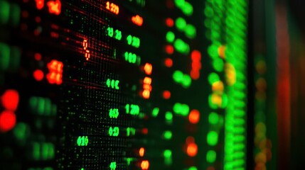 Close-up of a stock ticker showing fluctuating numbers in red and green.