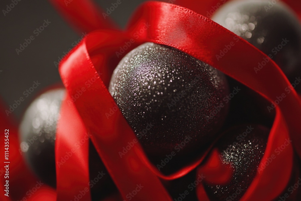 Poster a detailed view of multiple black and red ornaments, suitable for festive or decorative uses