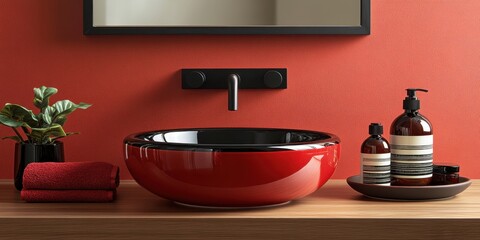 Elegant bathroom decor featuring a modern red bowl sink and stylish accessories in a vibrant setting