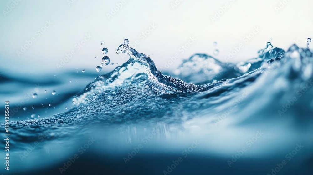 Poster close-up image of clear water, highlighting abstract waves and aqua bubbles, creating a fluid blue s