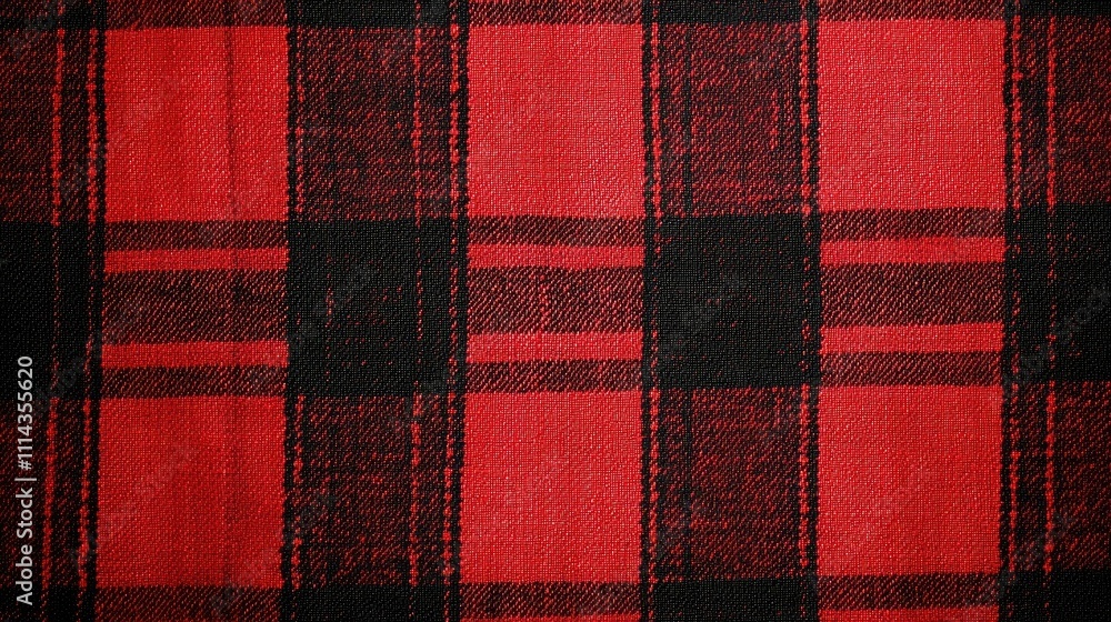 Poster close-up of red tartan print fabric, highlighting the intricate patterns and textures. ideal for des