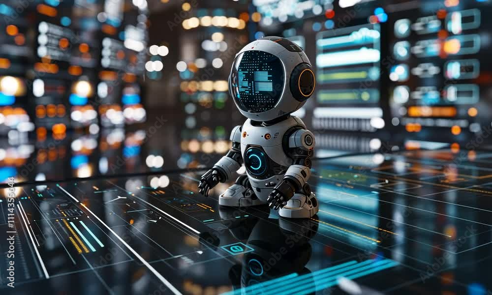 Aufkleber small robot with a glowing display stands on a futuristic interface.