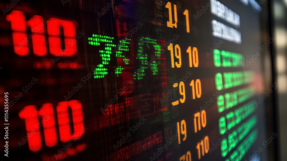 Fototapete close-up of a stock ticker displaying fluctuating numbers in red and green.