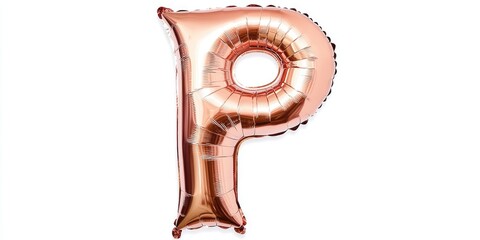 Fototapeta premium A solitary Rose Gold Foil Balloon shaped as the letter P stands out against a white backdrop. This decorative party letter is made from sturdy balloon material for lasting appeal.
