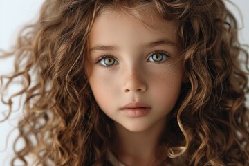 Naklejka premium A portrait of a happy young girl with curly hair and blue eyes, suitable for family or children's themed projects