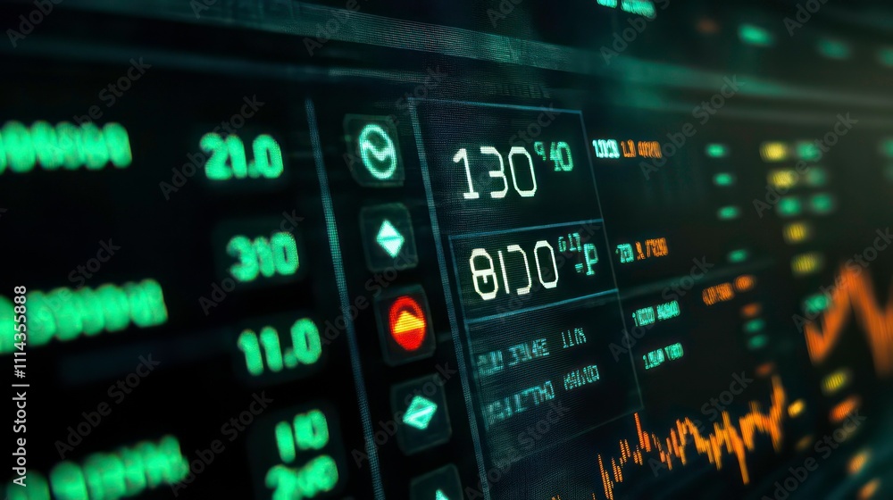 Poster close-up of a digital screen displaying financial data, including numbers, graphs, and indicators.