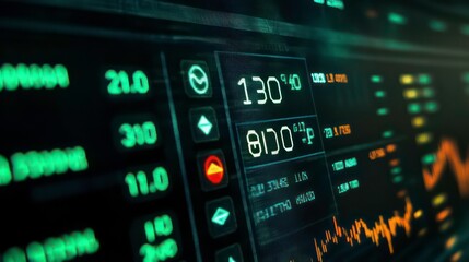 Close-up of a digital screen displaying financial data, including numbers, graphs, and indicators.