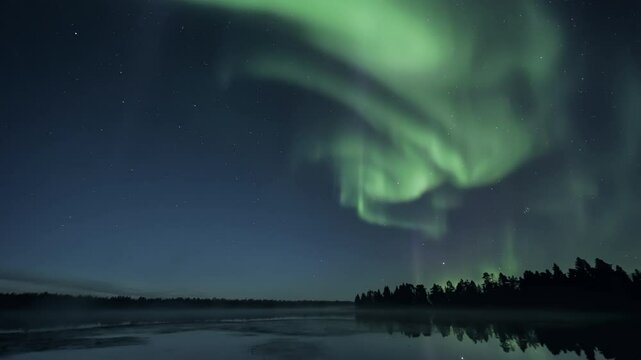 Aurora swirling above a foggy lake
