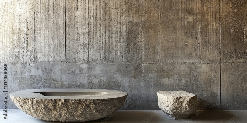 Poster a textured gray wall serves as the backdrop for a stone table, creating an interesting visual contra