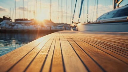 Close-up of a sailboat deck under daylight, highlighting the tranquil beauty of the marina. This sailboat image captures serenity and calmness, ideal for a peaceful mood. Photo with copy space.