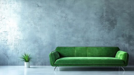 Contemporary living room design highlighting a green sofa and stylish wall, ideal for modern aesthetics and comfort, with ample copy space for creative use.