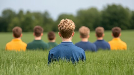 Fototapeta premium Group of Young Men in Colorful Shirts Seated in a Lush Green Field with One Individual Facing Away, Evoking Themes of Friendship, Nature and Connection