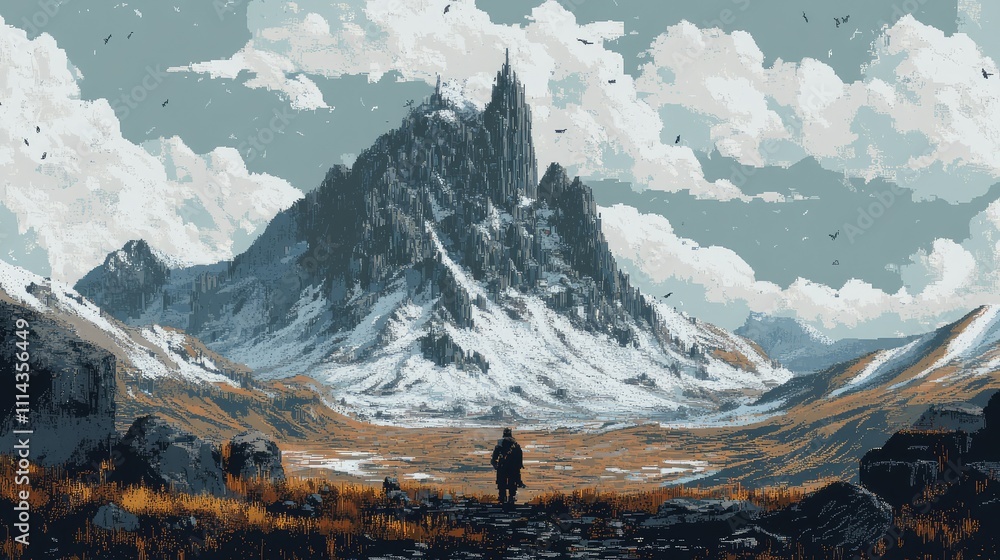 Aufkleber a pixelated mountain landscape with a minimal color palette, emphasizing the stark contrast between 