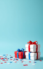 Colorful party essentials like confetti and gift boxes in national flag hues sit on a serene pastel blue backdrop awaiting decoration._00001_