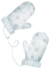 Watercolor winter polka dots mittens illustration, isolated on white background