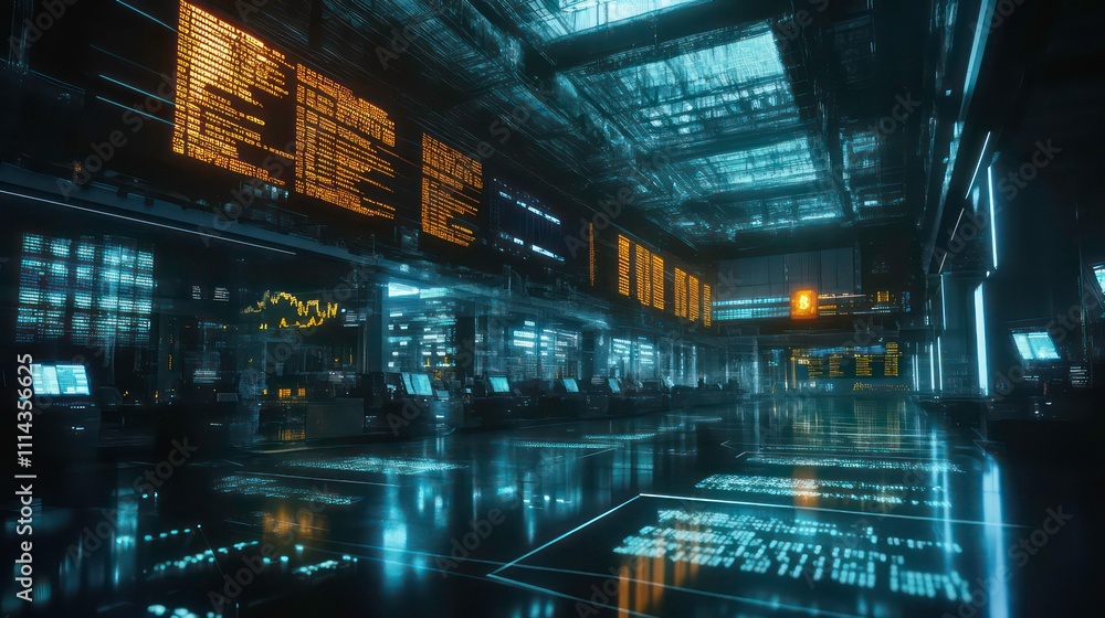 Poster Futuristic digital control room with glowing screens displaying data.