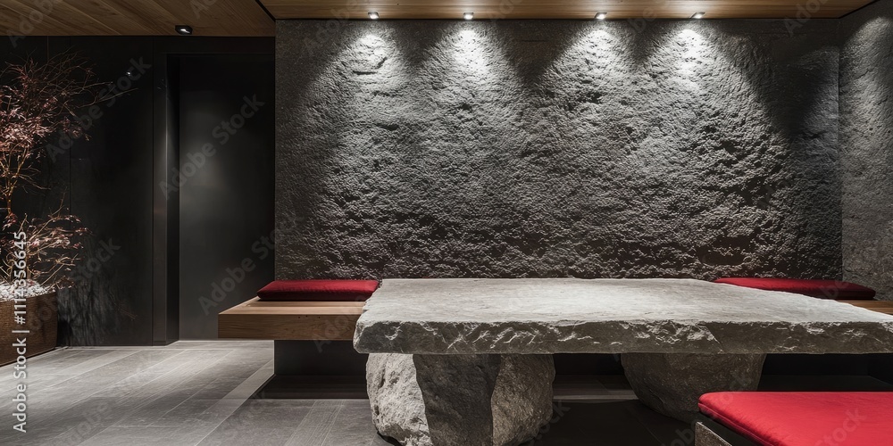 Poster a textured gray wall serves as the backdrop for a stone table, creating an interesting visual contra