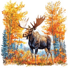 Majestic Moose in Autumnal Forest A Watercolor-Style Illustration.