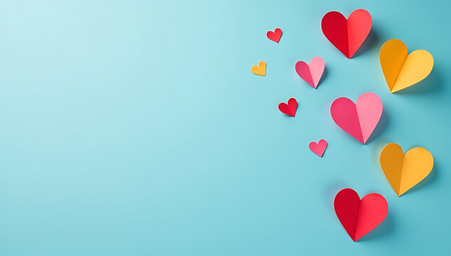 Colorful paper hearts adorn a pastel blue background in a vibrant display of community spirit for LGBT History Month celebrations._00001_