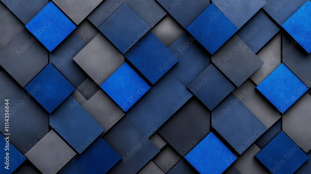 Poster striking blue and gray pattern of squares arranged in a visually appealing manner. the squares are o