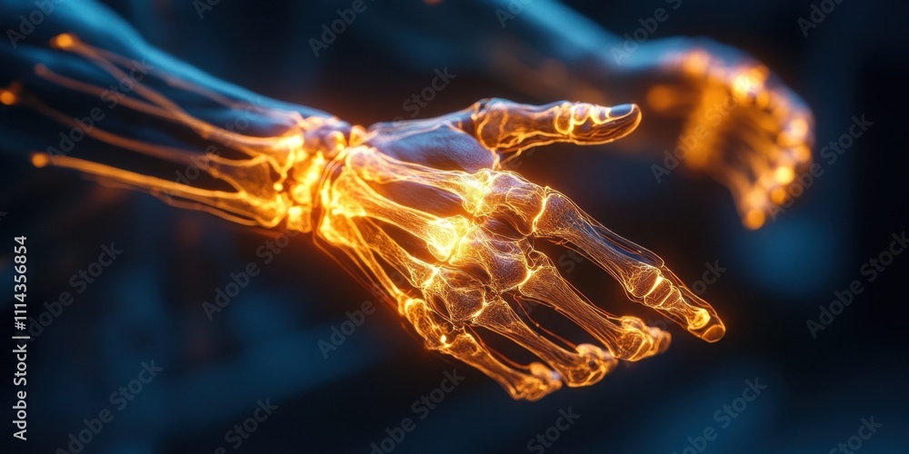 Poster Hands illuminated by glowing energy showcasing intricate bone structure in an artistic medical representation during a futuristic setting