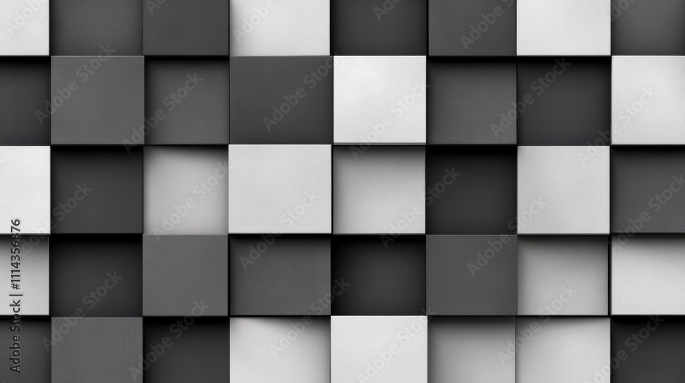 Poster black and white image of a wall made of squares. the squares are of different sizes and are arranged