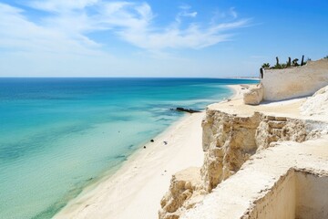 A scenic view of the beach and ocean from a cliff