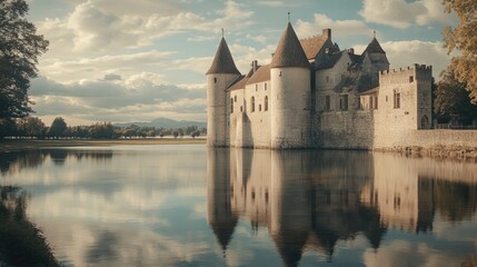 Fortified castle reflected in water highlights medieval architecture, with a moat surrounding the structure, offering a serene view and ample photo style copy space.