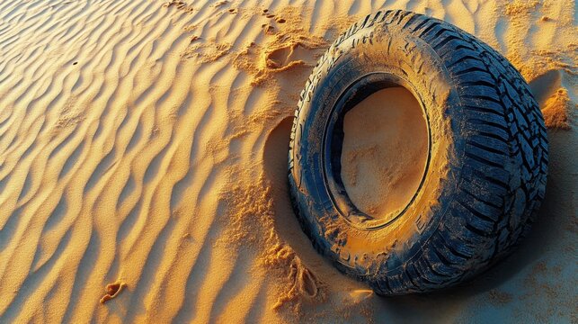 Tire on the sand of a beach with footprints in the sand