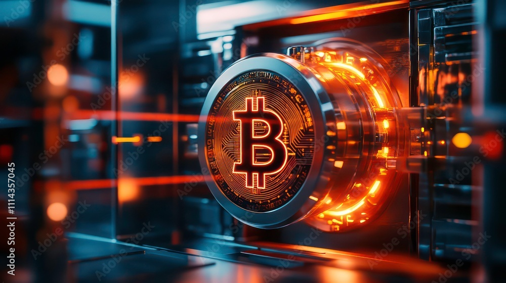 Poster a digital vault with cryptocurrency coins safely stored inside, surrounded by glowing security lines