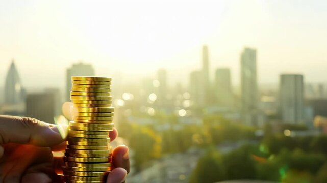 A hand stacking golden coins against a cityscape, emphasizing wealth, success, and ambition. Great for finance, growth, and investment-related themes.