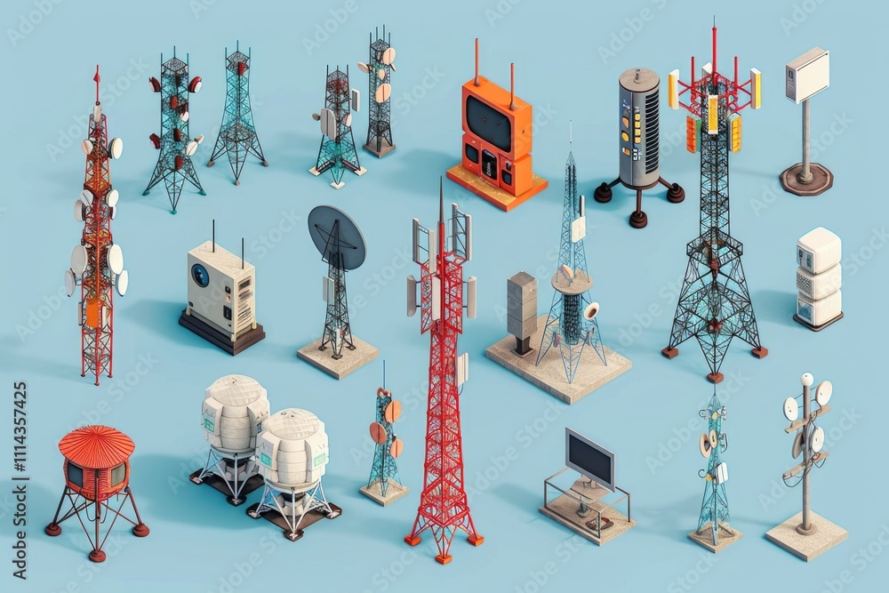 Poster image of various cell tower designs with different antenna types, suitable for use in articles about