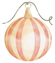 Watercolor Christmas striped ball illustration, isolated on white background