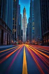 Obraz premium Vibrant Urban Street Scene with Colorful Light Trails at Dusk
