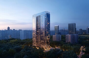 Fototapeta premium Aerial view of a city at night showcasing a solitary apartment building and office towers with illuminated facades, highlighting the vibrant real estate and commercial districts of the urban skyline.