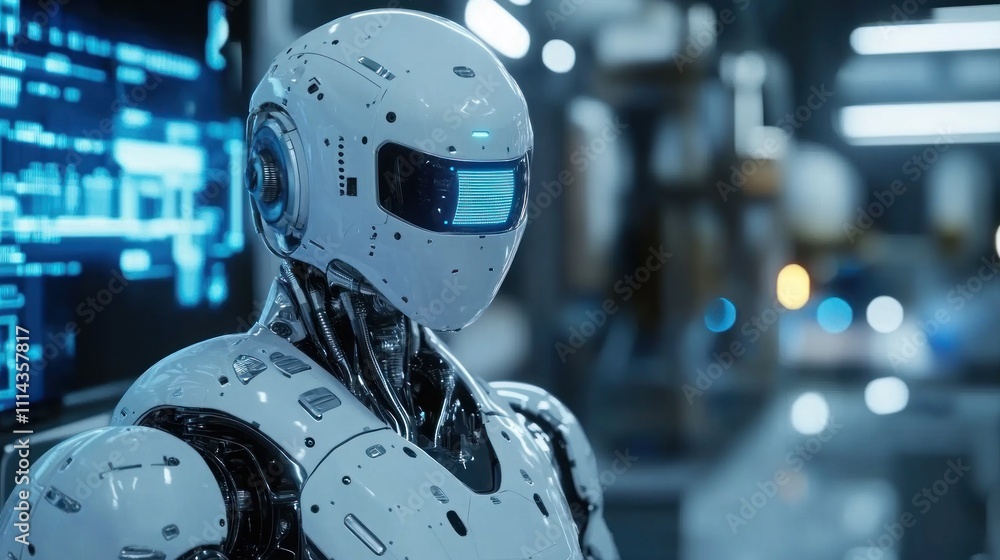 Poster futuristic robot in a high-tech factory setting